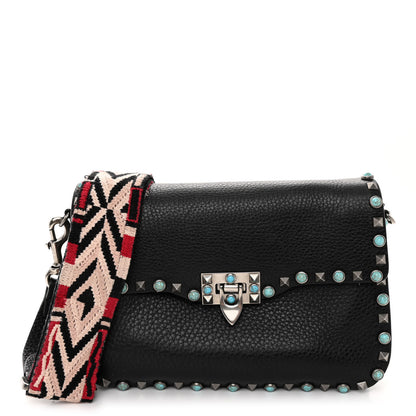 Valentino Garavani Pebbled Calfskin Turquoise Medium Guitar Strap Rockstud Rolling Flap Saddle Bag Black 1 of 12