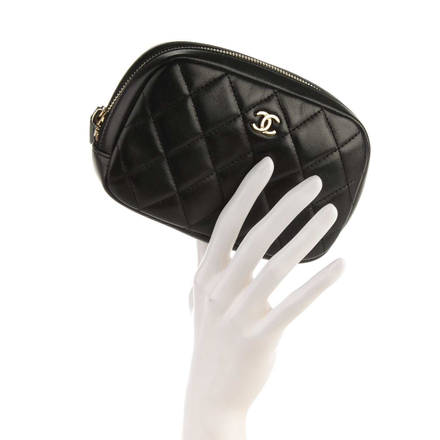 Lambskin Quilted Small Curvy Pouch Cosmetic Case Black
