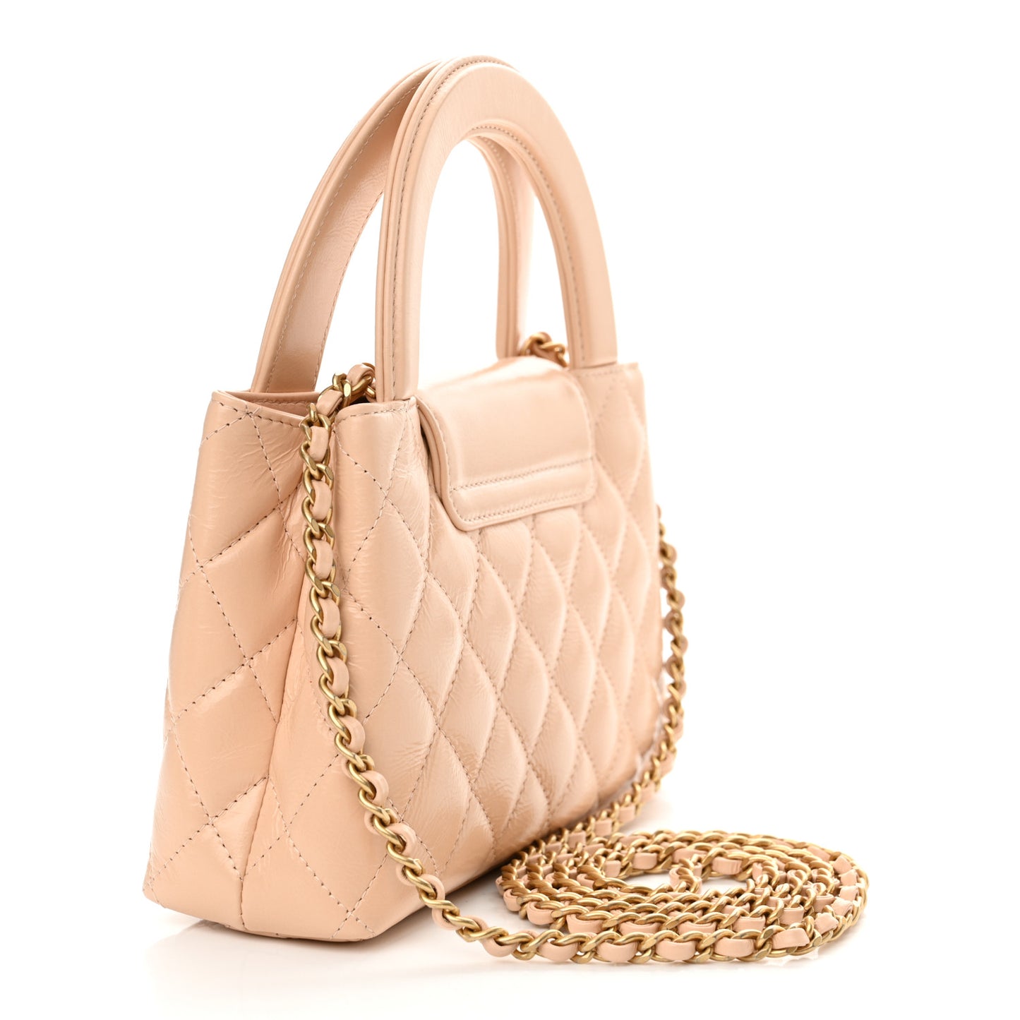 Shiny Aged Calfskin Quilted Nano Kelly Shopper Beige
