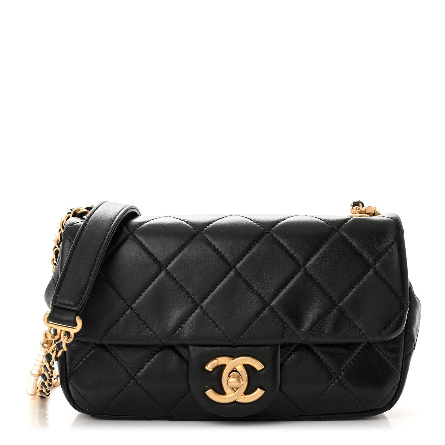 Calfskin Quilted Mini Rectangular Crystal Pearls Chain Flap Black