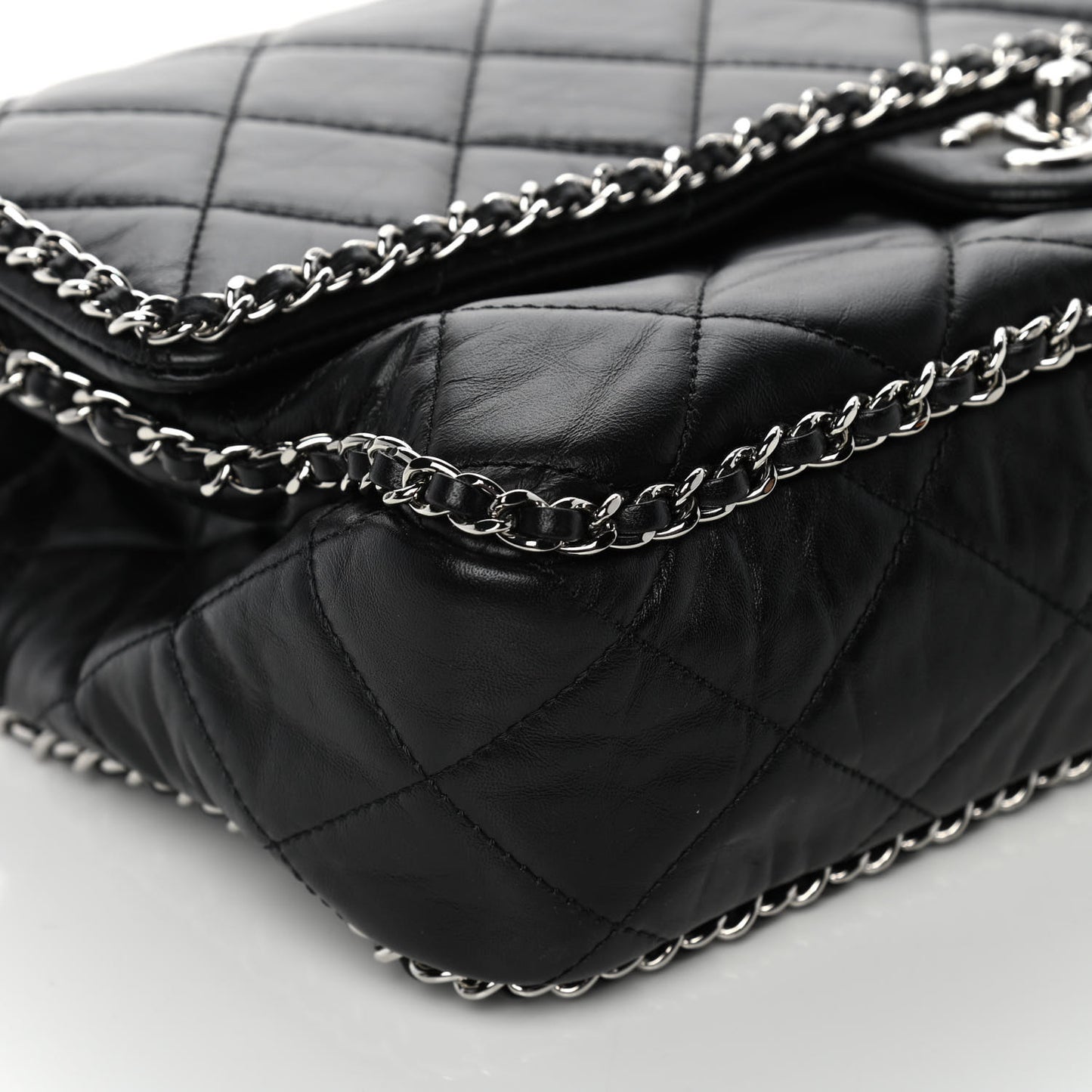 Crumpled Calfskin Quilted Large Chain All Over Flap Bag Black