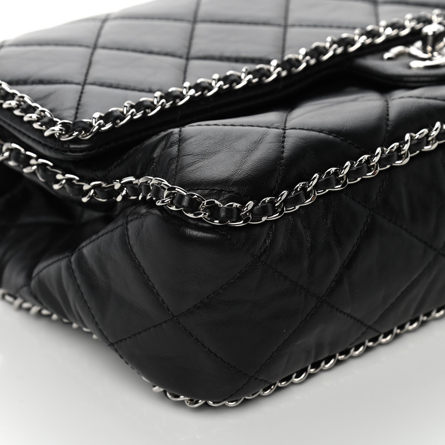 Chanel Crumpled Calfskin Quilted Large Chain All Over Flap Bag Black 10 of 11