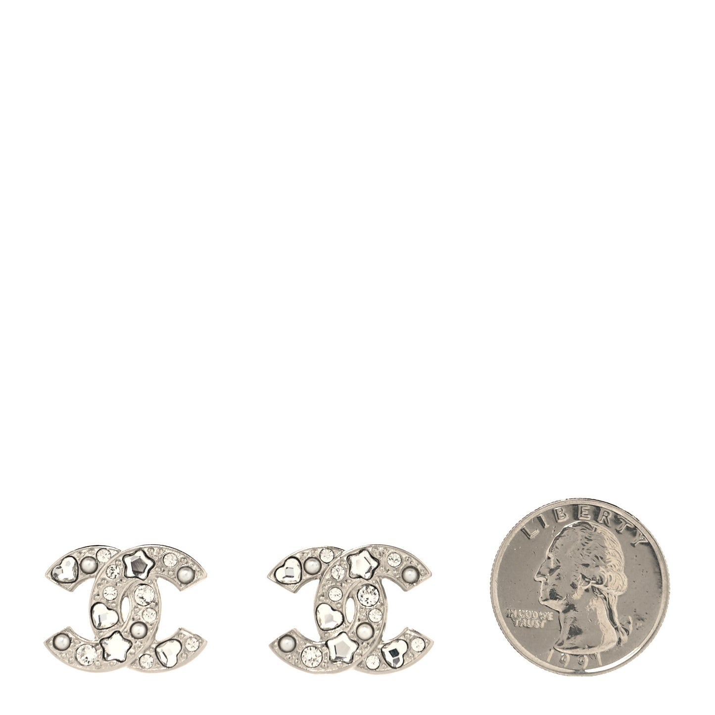 Crystal Pearl Heart CC Clip On Earrings Silver