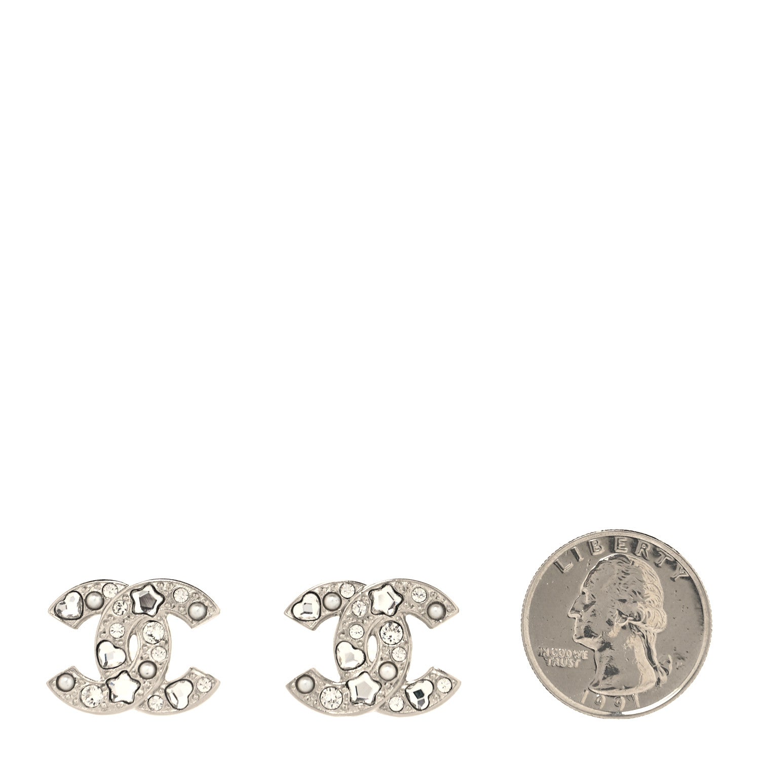 Chanel Crystal Pearl Heart CC Clip On Earrings Silver 3 of 10