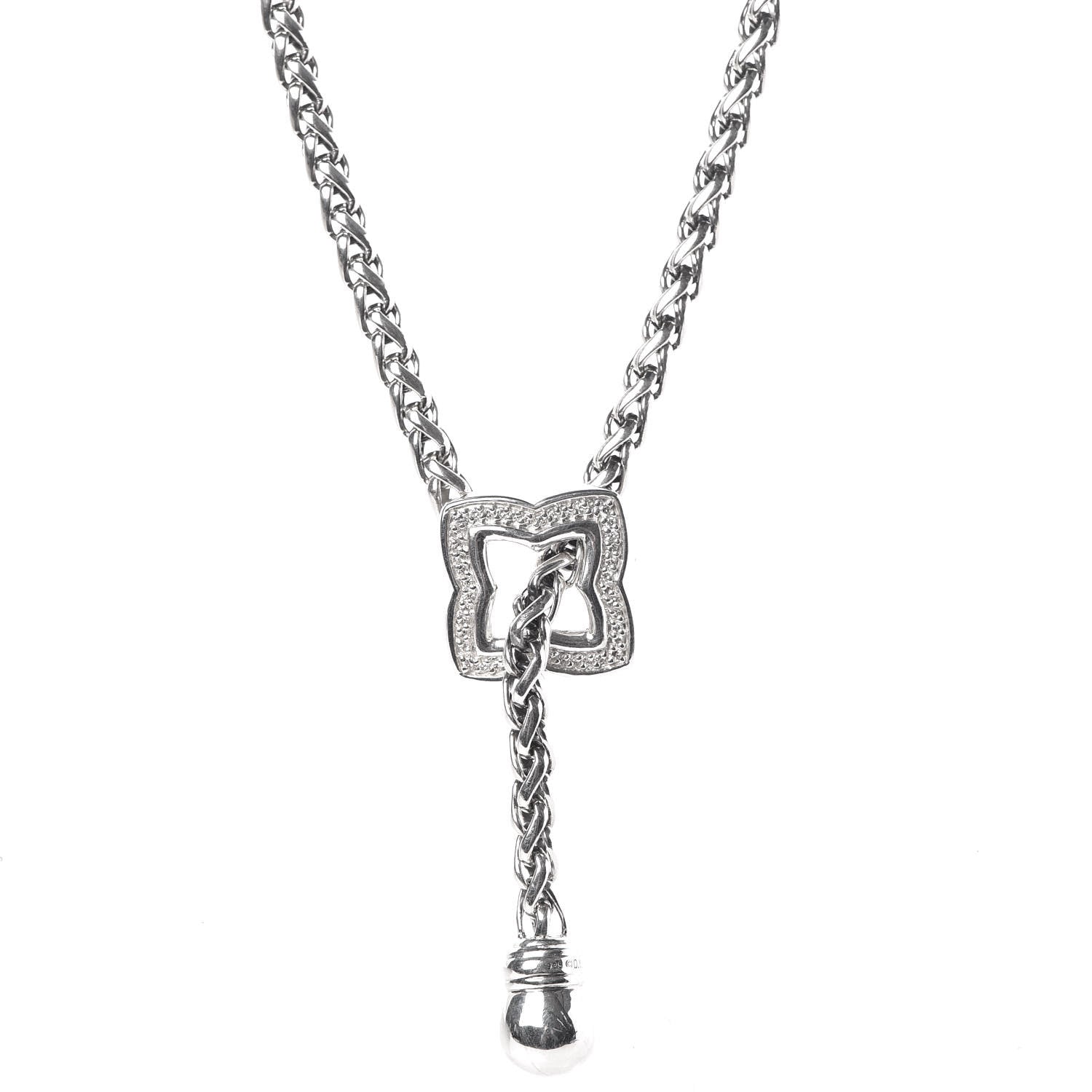David Yurman Sterling Silver Diamond Quatrefoil Lariat Wheat Chain Necklace 4 of 6
