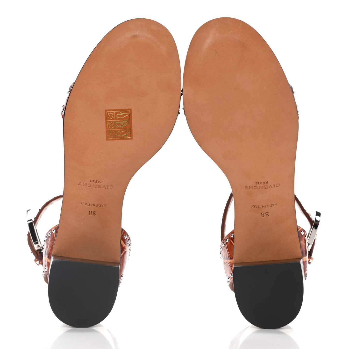 Calfskin Crocodile Embossed Studded Elegant Sandals 38 Brown