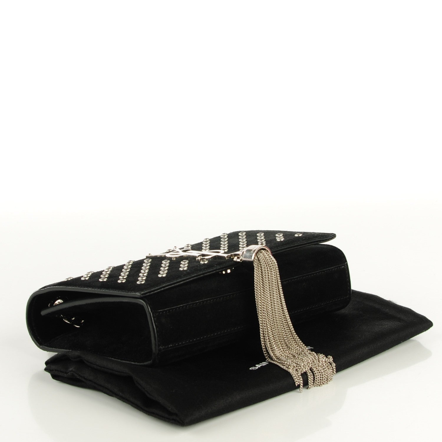 Saint Laurent Suede Crystal Studded Small Monogram Tassel Satchel Black 4 of 8