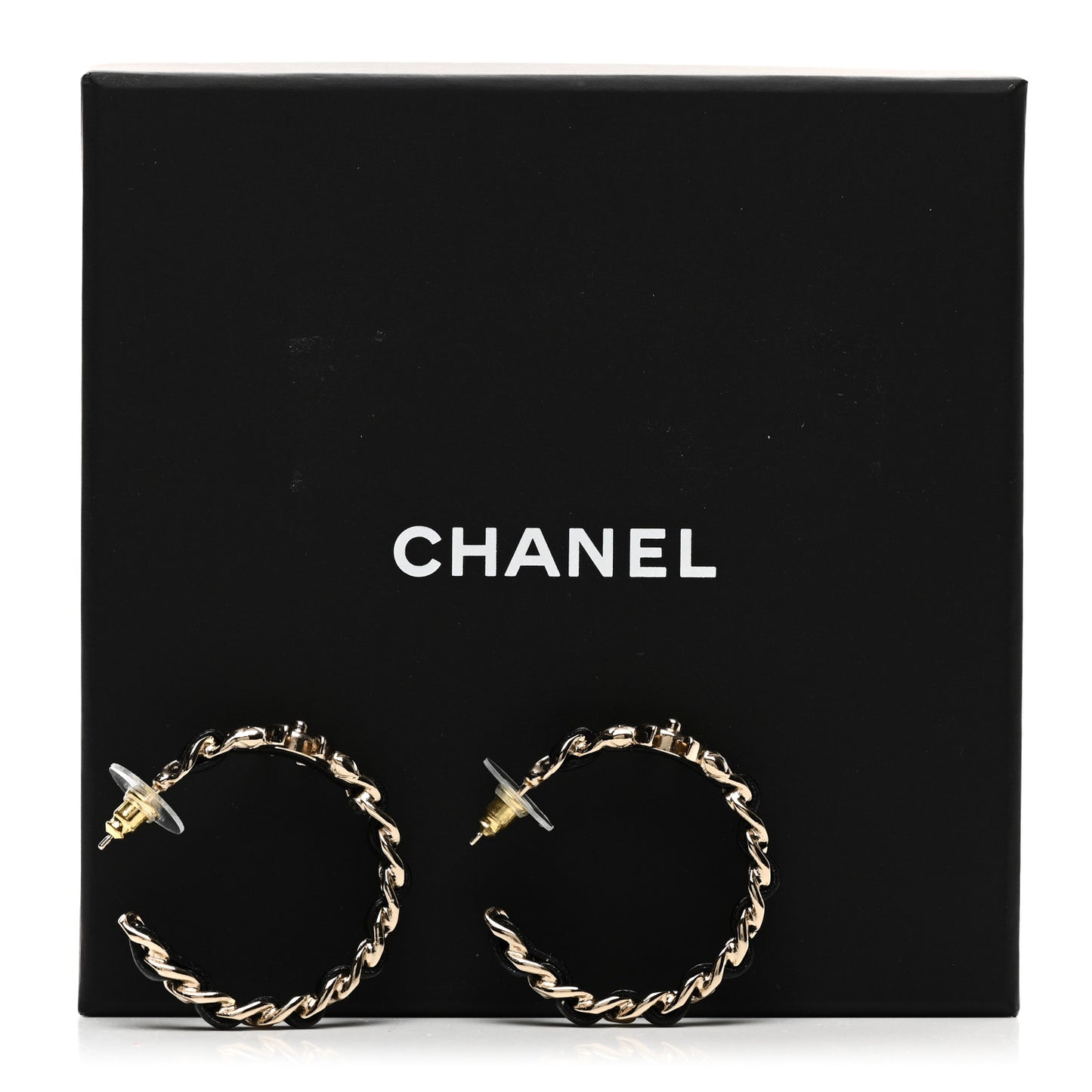 Metal Lambskin Quilted CC Turnlock Chain Hoop Earrings Gold Black