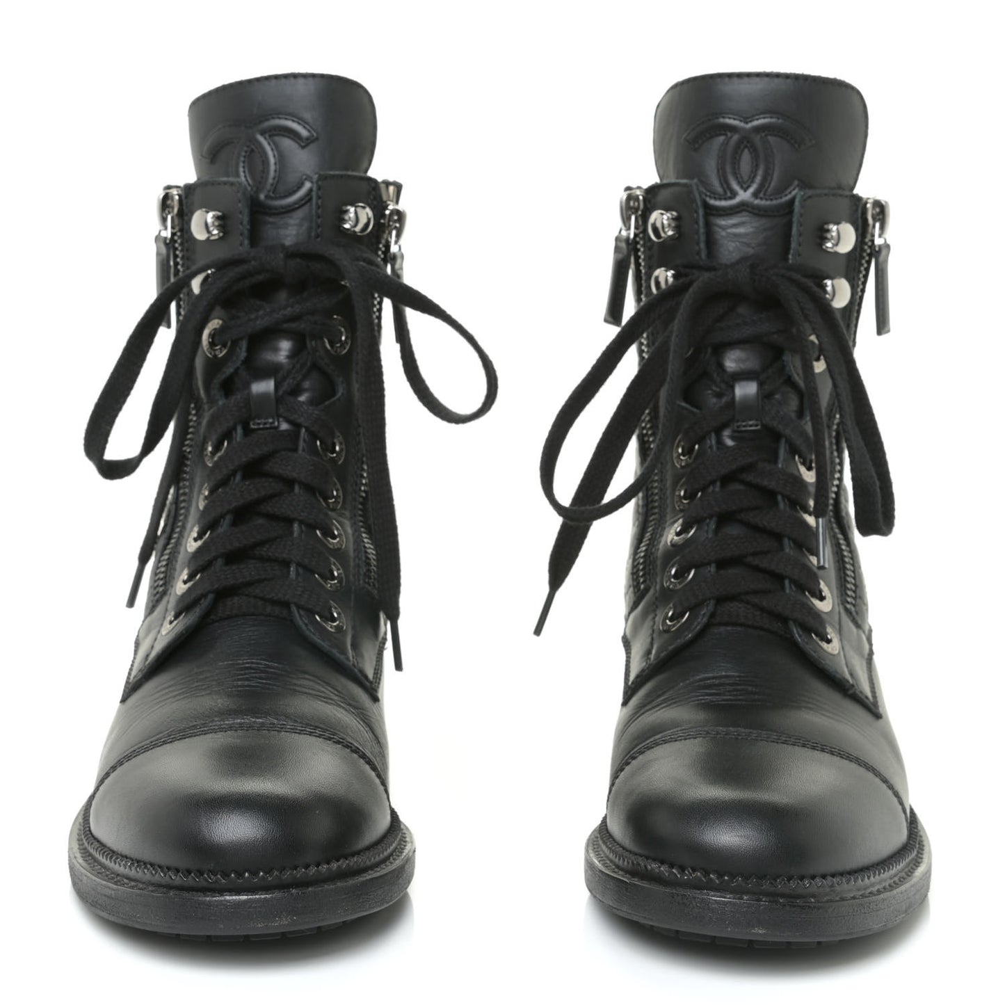 Calfskin Quilted Lace Up Combat Boots 37 Black