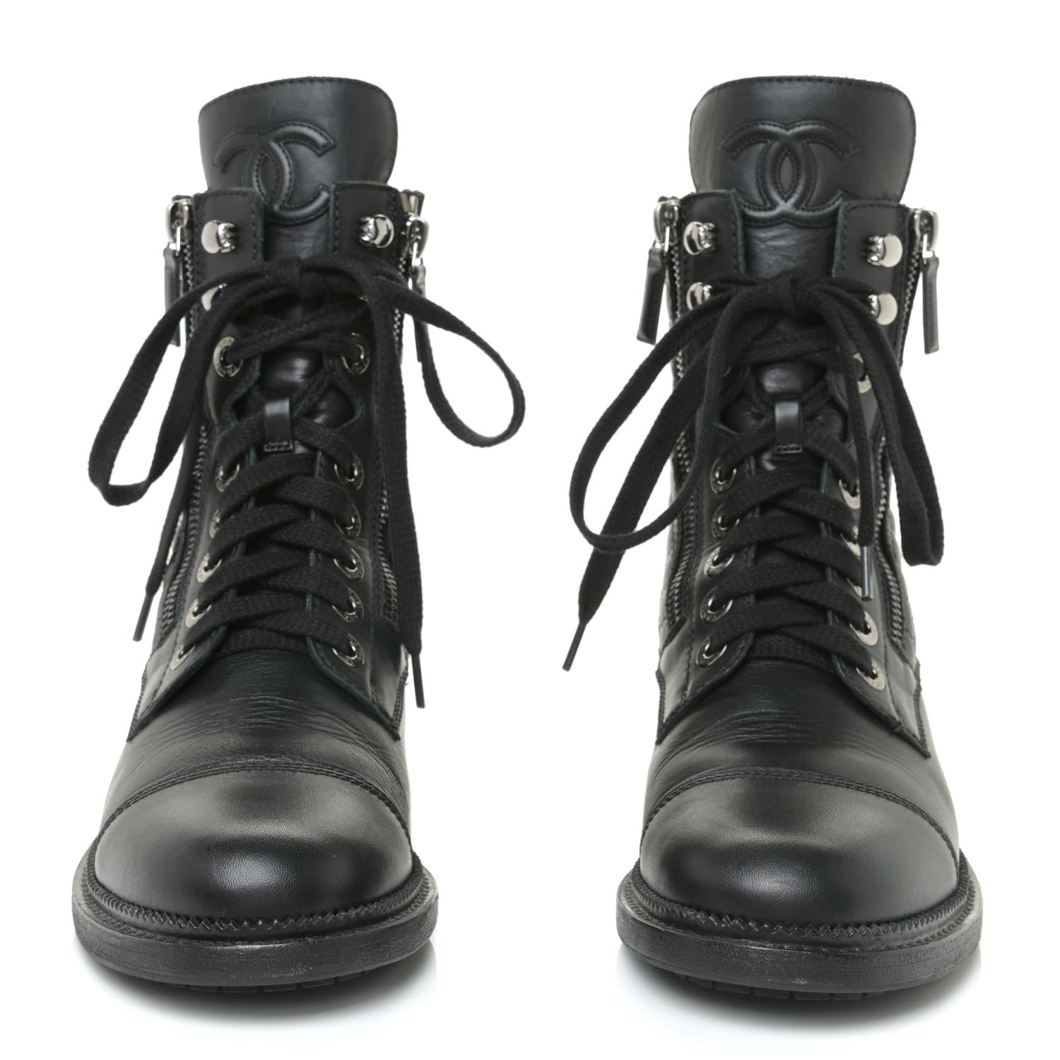Chanel Calfskin Quilted Lace Up Combat Boots 37 Black 3 of 13