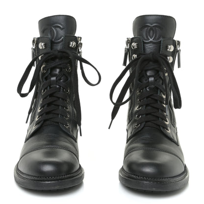 Chanel Calfskin Quilted Lace Up Combat Boots 37 Black 3 of 13