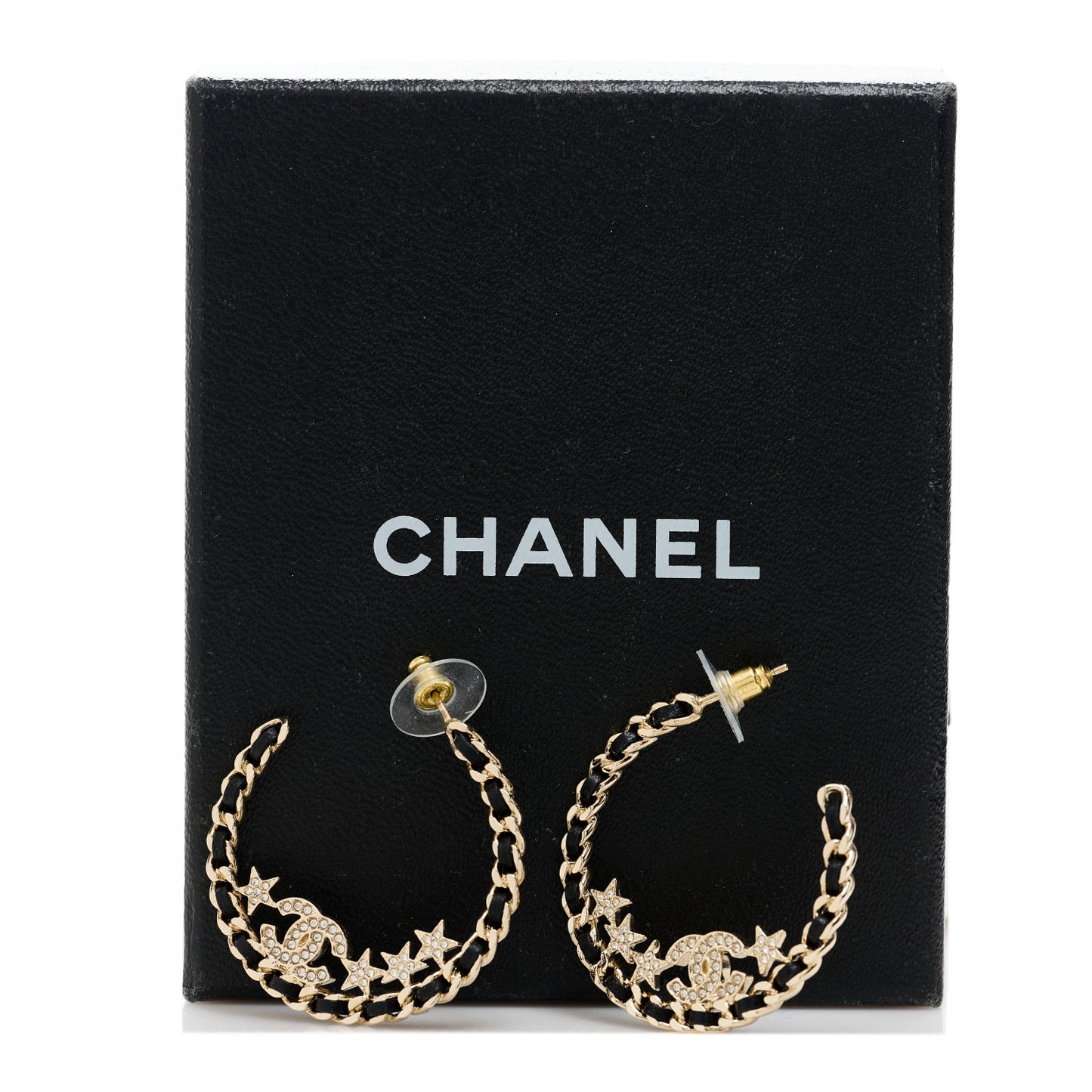 Lambskin Chain Crystal CC Star Chain Hoop Earrings Gold Black