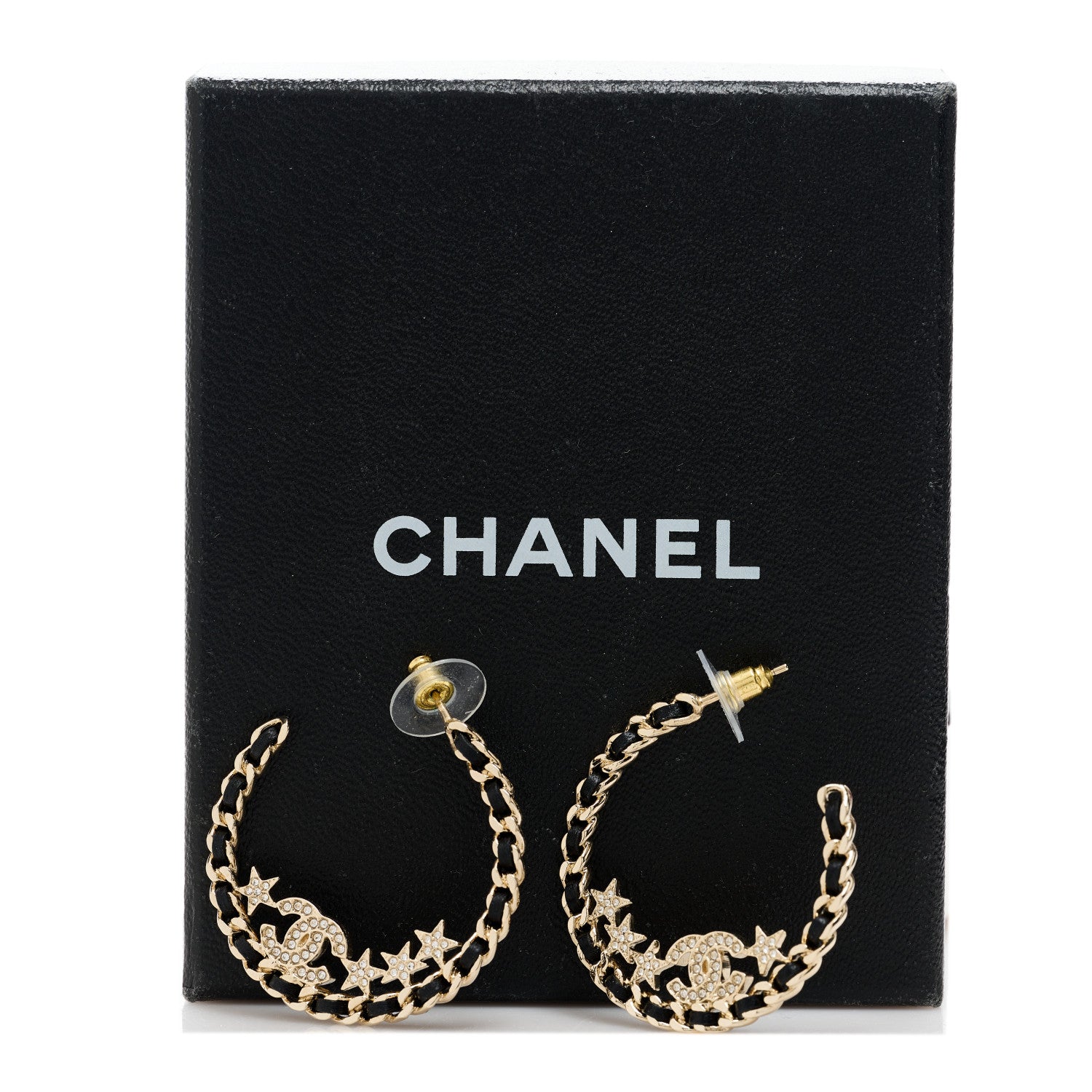 Chanel Lambskin Chain Crystal CC Star Chain Hoop Earrings Gold Black 5 of 5