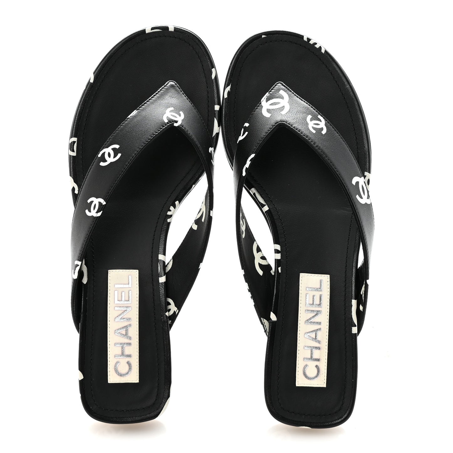 Lambskin Printed CC Thong Sandals 38.5 Black White