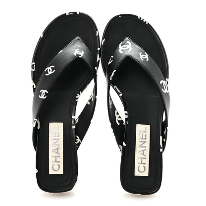 Chanel Lambskin Printed CC Thong Sandals 38.5 Black White 2 of 10