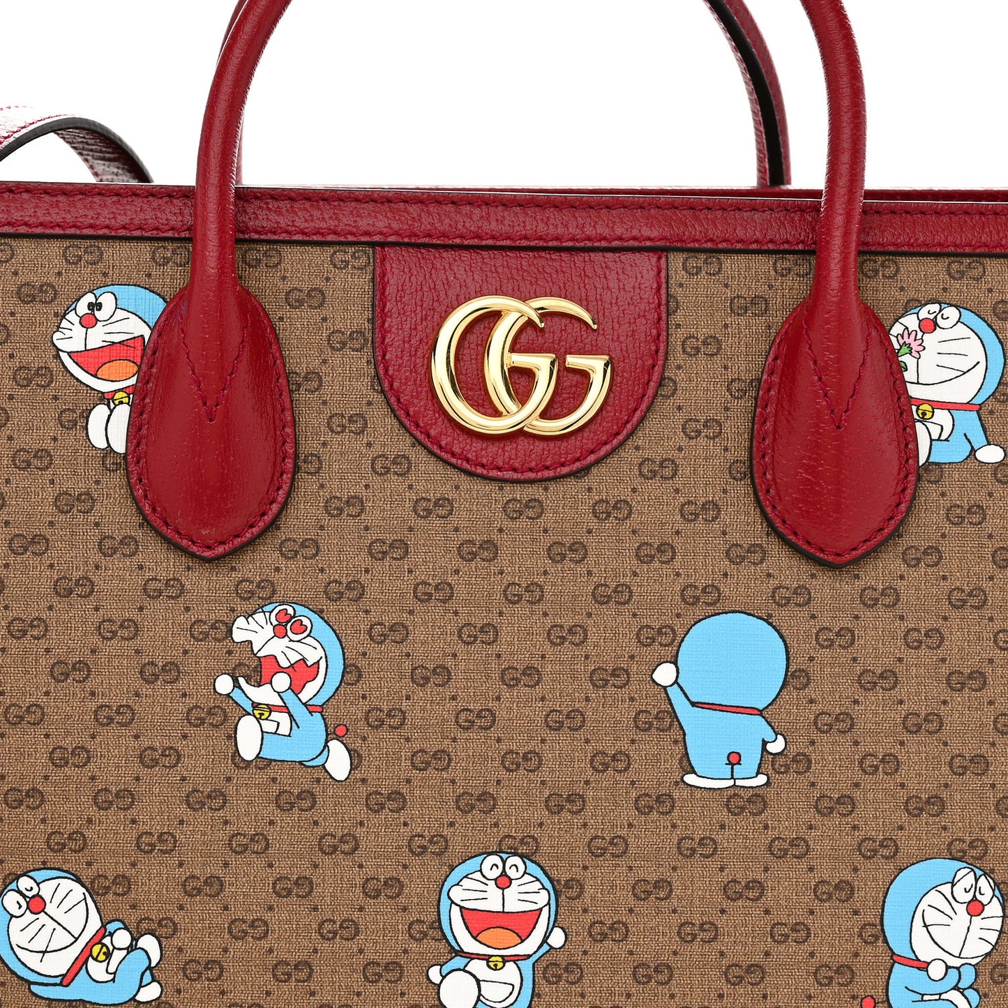 X DORAEMON Mini Vintage GG Supreme Monogram Large Tote Bag Beige Cherry Red