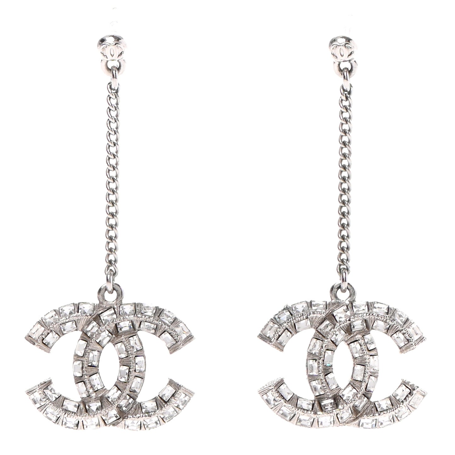 Baguette Crystal CC Drop Earrings Silver
