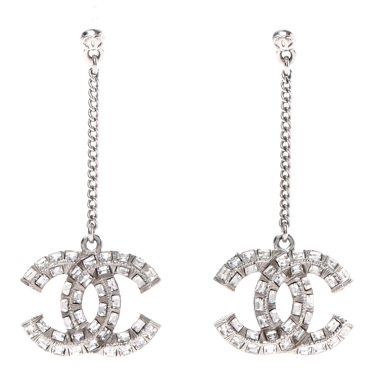 Chanel Baguette Crystal CC Drop Earrings Silver 1 of 4