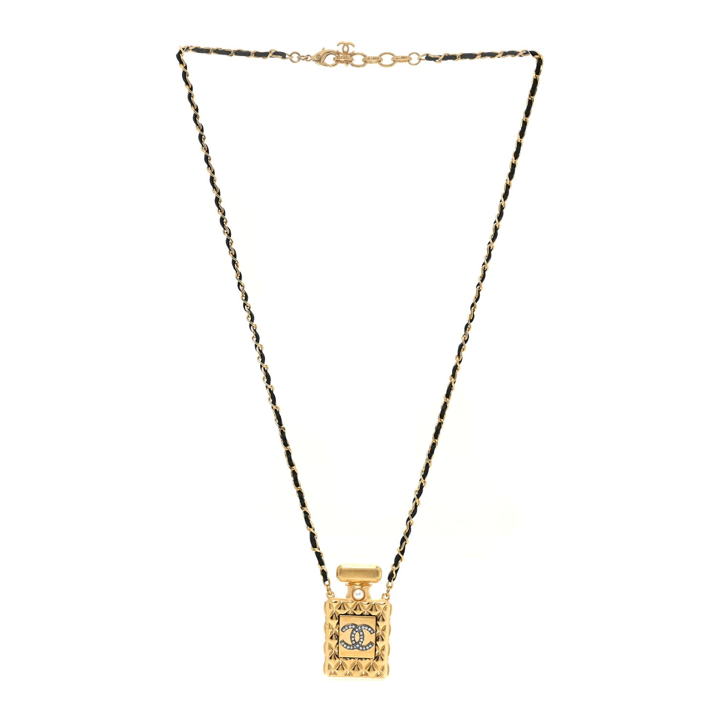 Crystal Pearl Perfume Bottle CC Necklace Gold
