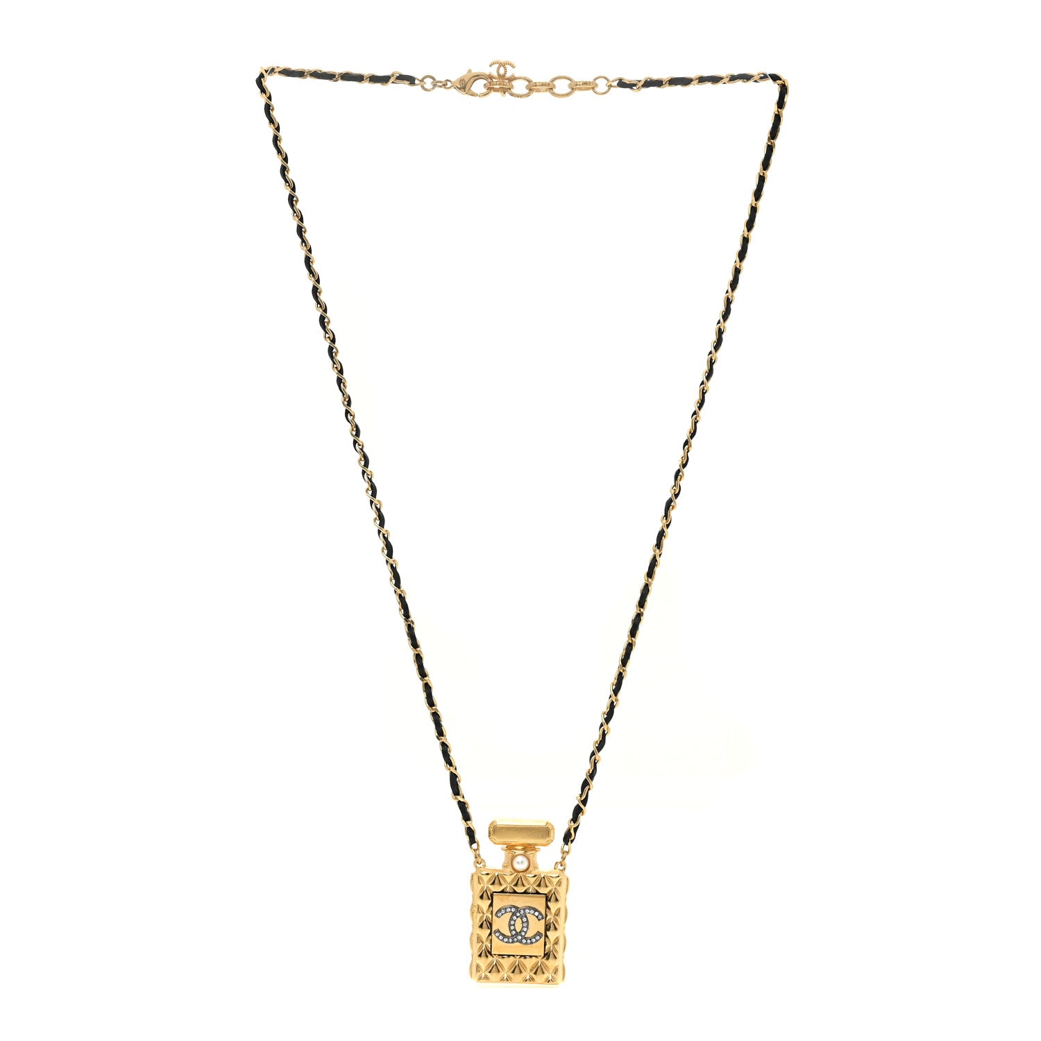 Chanel Crystal Pearl Perfume Bottle CC Necklace Gold 3 of 5