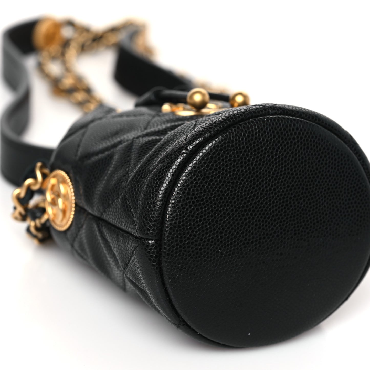 Caviar Quilted Twist Your Buttons Micro Bucket Bag Black