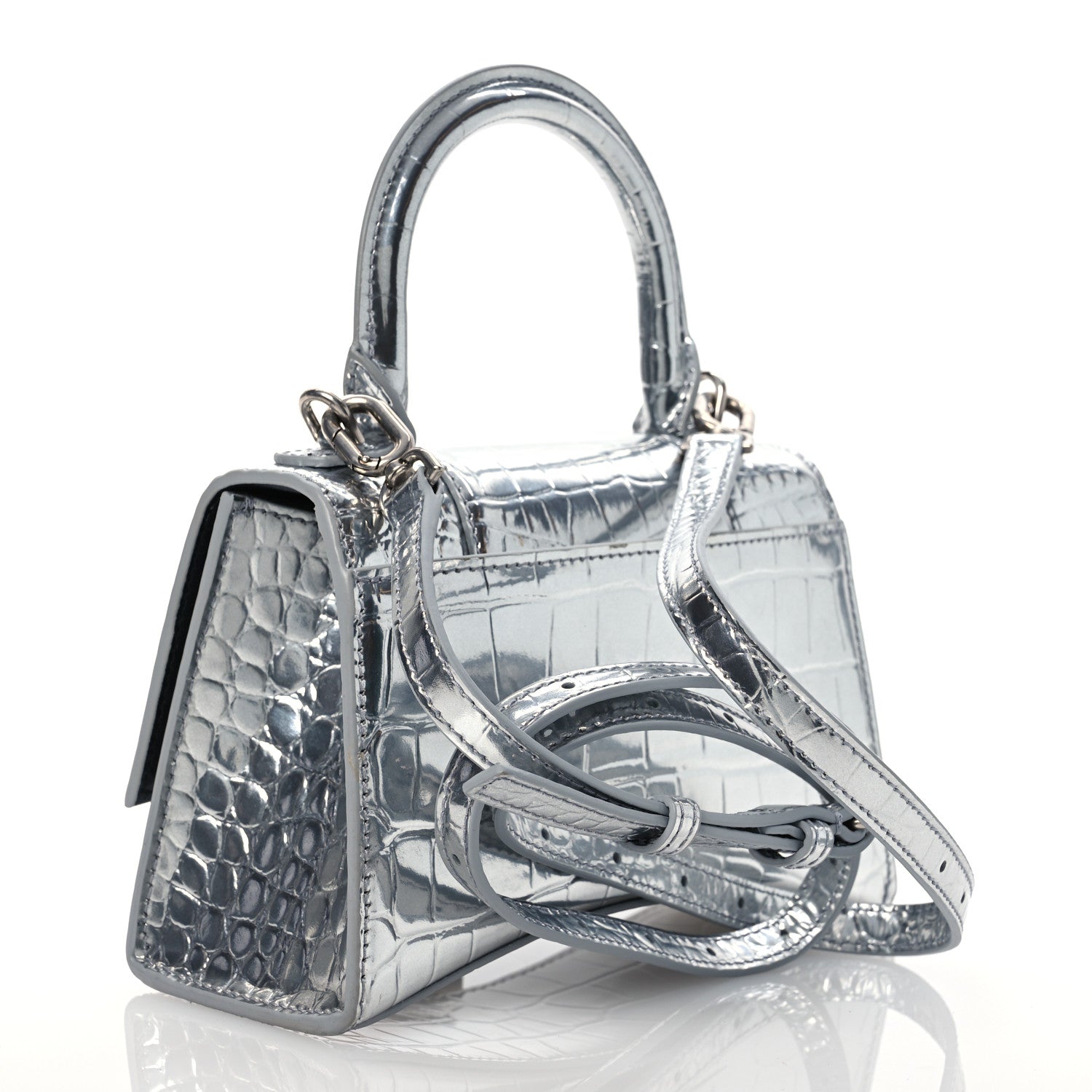 Balenciaga Metallic Calfskin Crocodile Embossed Crystal Hourglass Top Handle Bag XS Silver 2 of 14