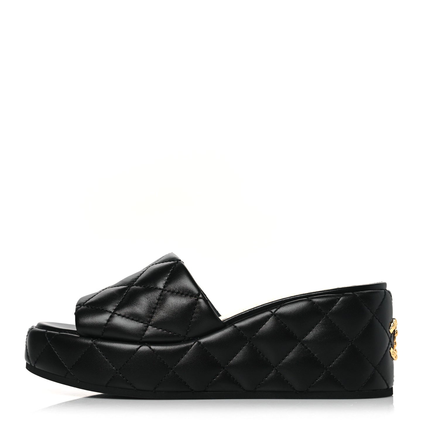 Lambskin Quilted Camelia CC Wedge Sandal Mules 40 Black