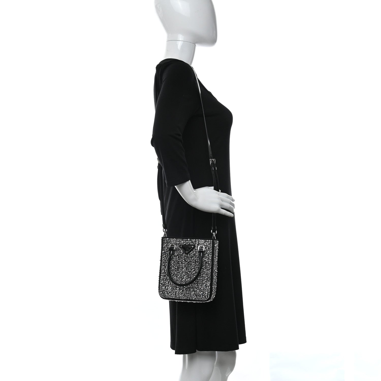 Prada Satin Crystal Metal Triangle Logo Small Double Handle Crossbody Tote Metal 2 of 8