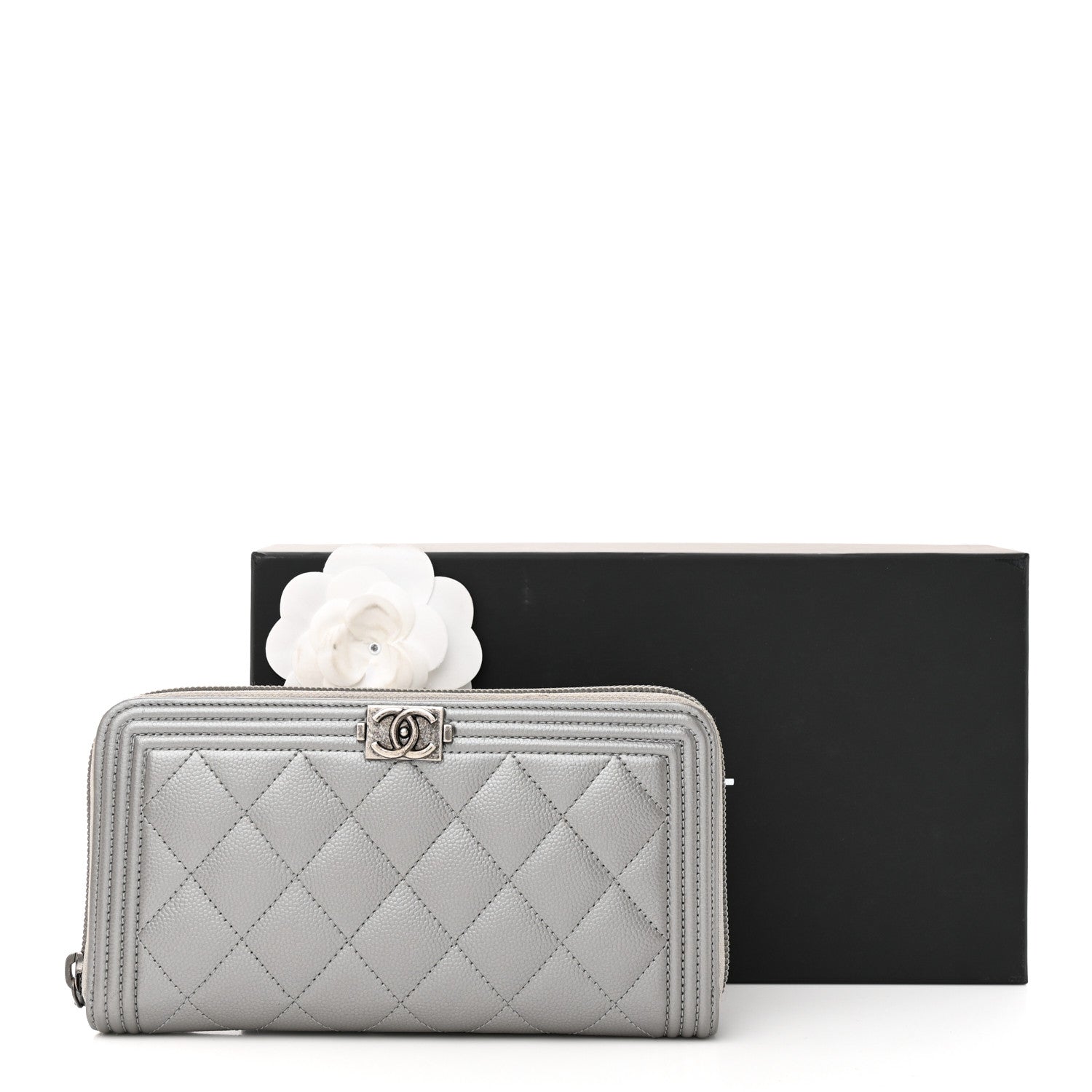 Chanel Metallic Caviar Quilted Boy Zip Around Wallet Silver 10 of 10