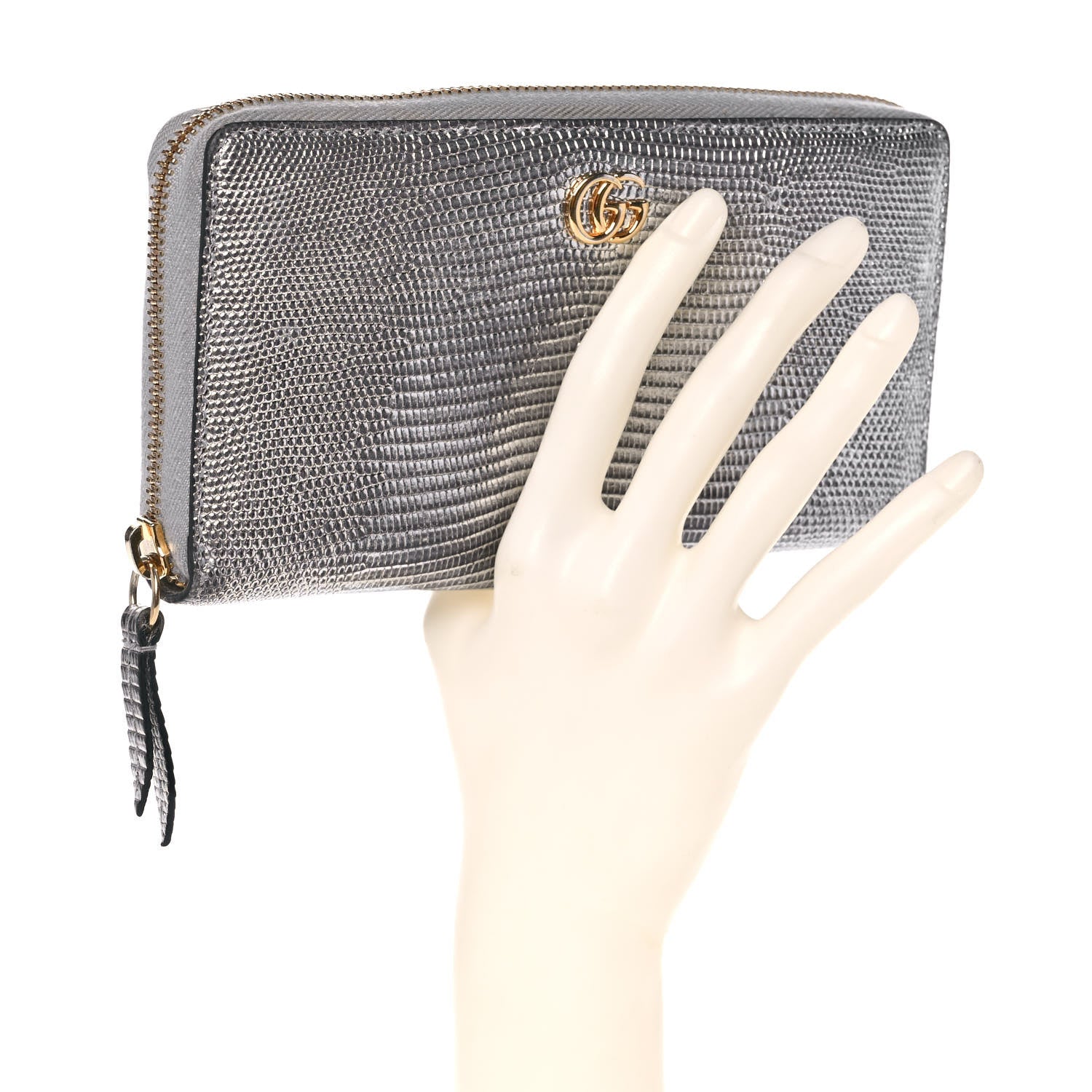Gucci Laminated Lizard GG Marmont Zip-Around Wallet Silver 2 of 13