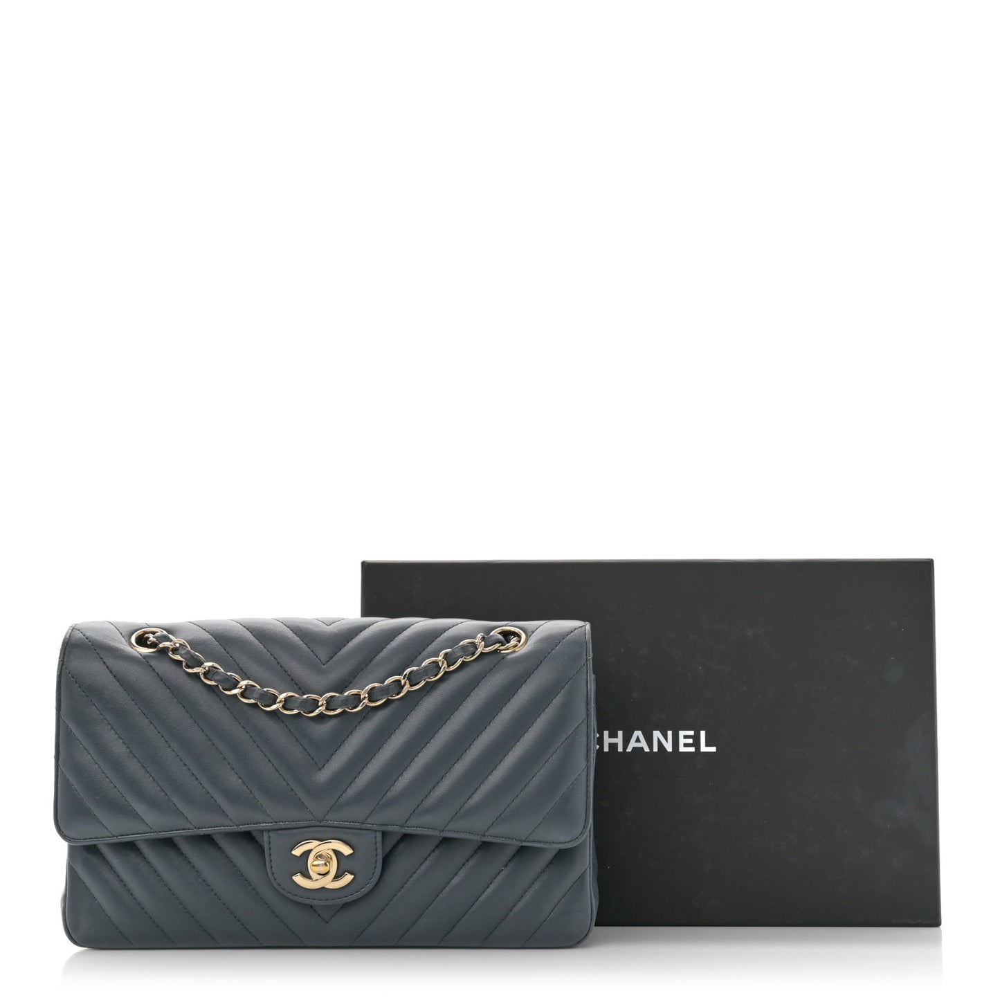 Lambskin Chevron Quilted Medium Double Flap Dark Grey