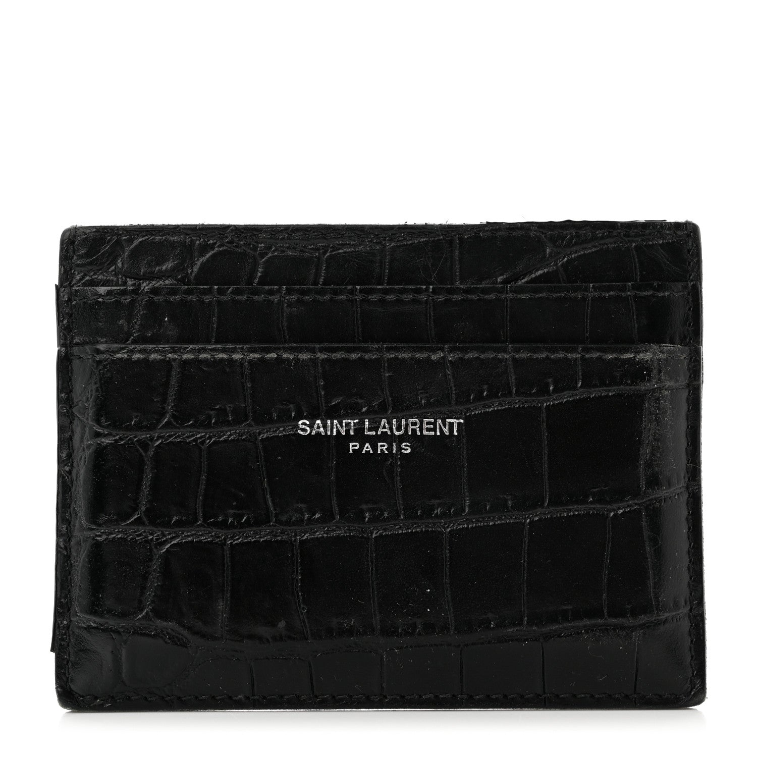 Saint Laurent Calfskin Crocodile Embossed Card Case Black 1 of 8