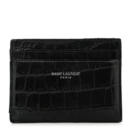 Saint Laurent Calfskin Crocodile Embossed Card Case Black 1 of 8