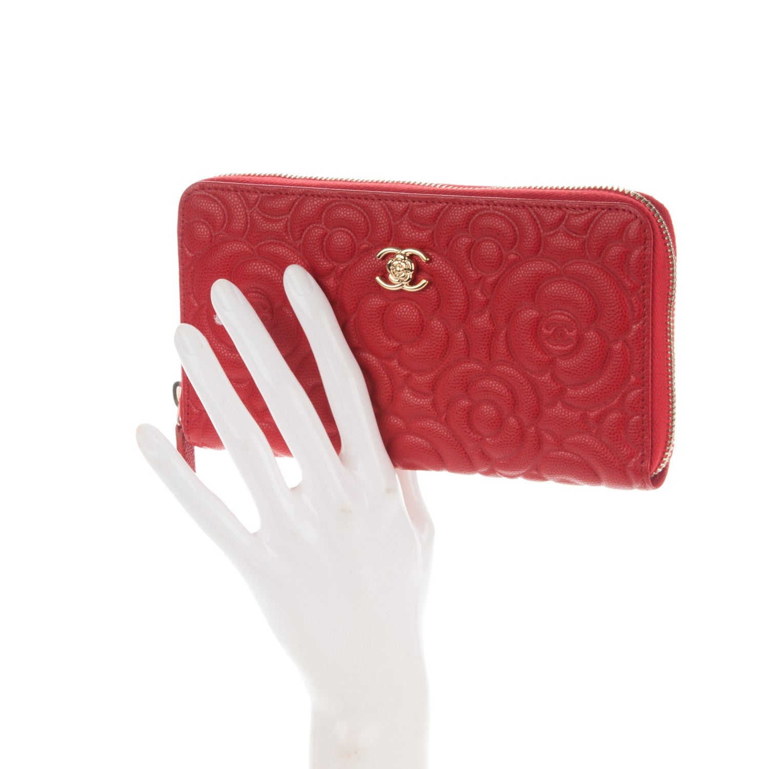 Chanel Caviar Camellia Embossed Zip Around Large Gusset Wallet Red 2 of 8