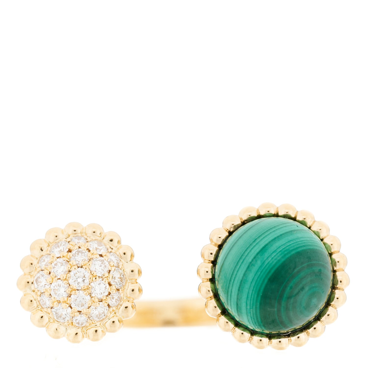 Van Cleef & Arpels 18K Yellow Gold Diamond Malachite Perlee Couleurs Between The Finger Ring 53 6.5 1 of 10