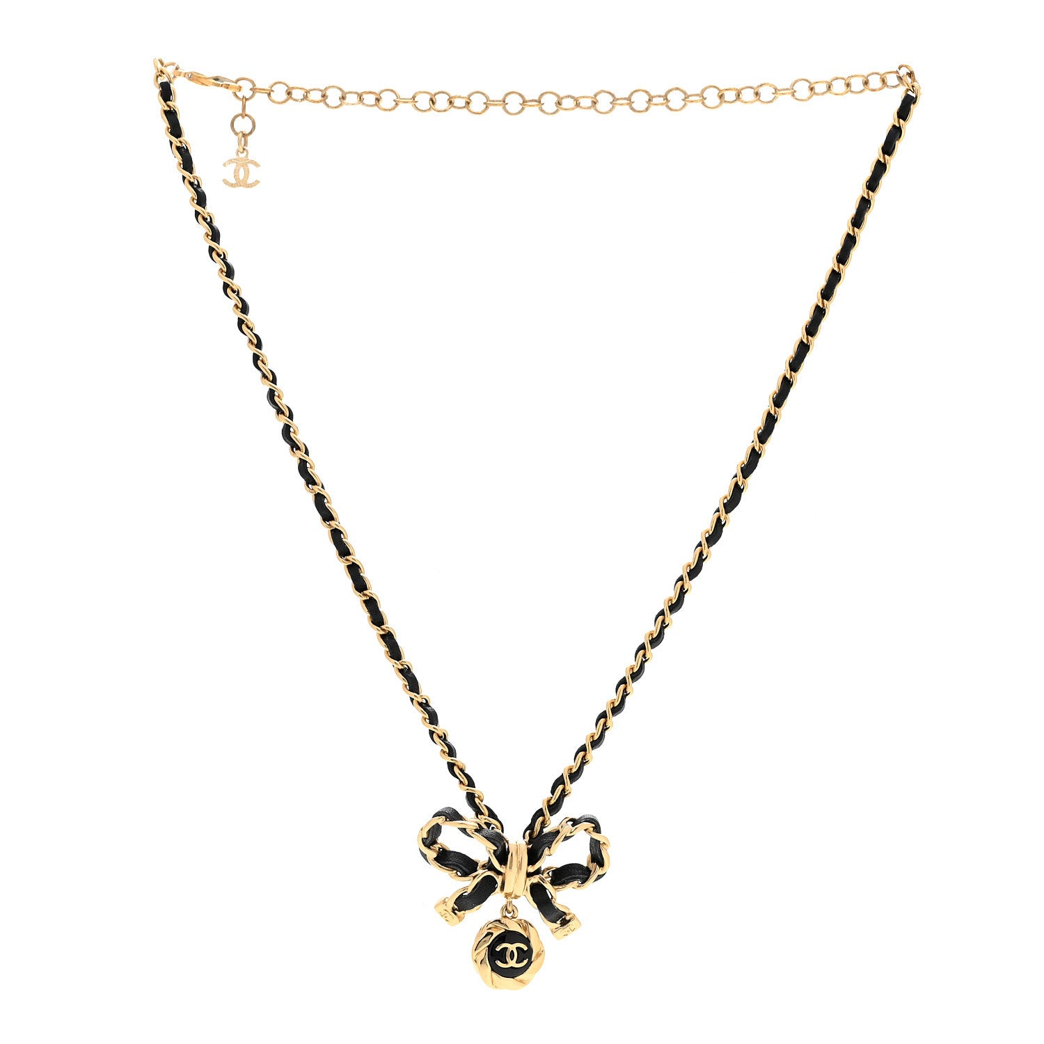 Chanel Metal Lambskin Chain CC Bow Necklace Black Gold 3 of 7
