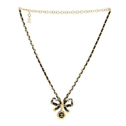 Chanel Metal Lambskin Chain CC Bow Necklace Black Gold 3 of 7