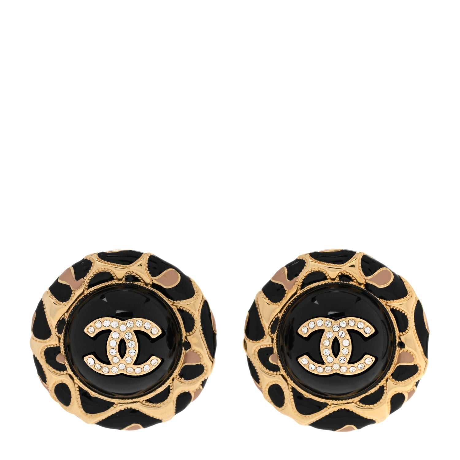 Chanel Metal Crystal Leopard Print CC Round Earrings Gold Black 1 of 5