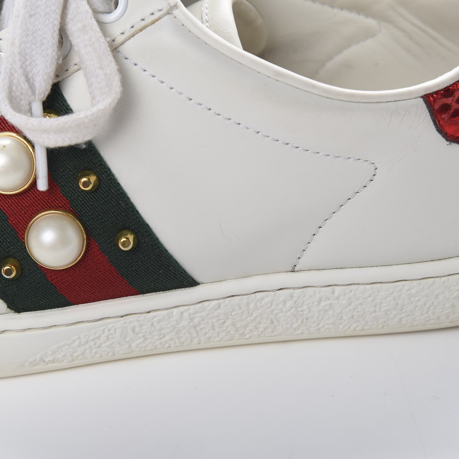 Gucci Calfskin Web Pearl Studded Womens Ace Sneakers 36.5 White 8 of 14