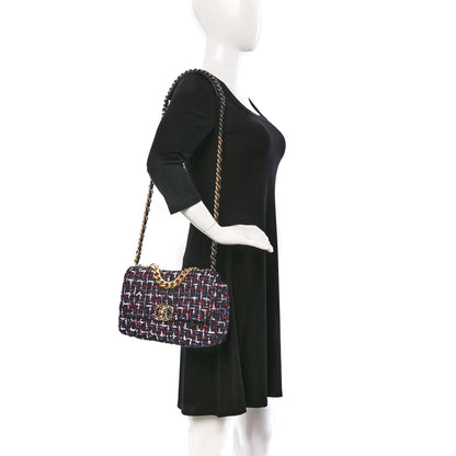 Chanel Tweed Quilted Medium Chanel 19 Flap Navy Blue White Red 2 of 9
