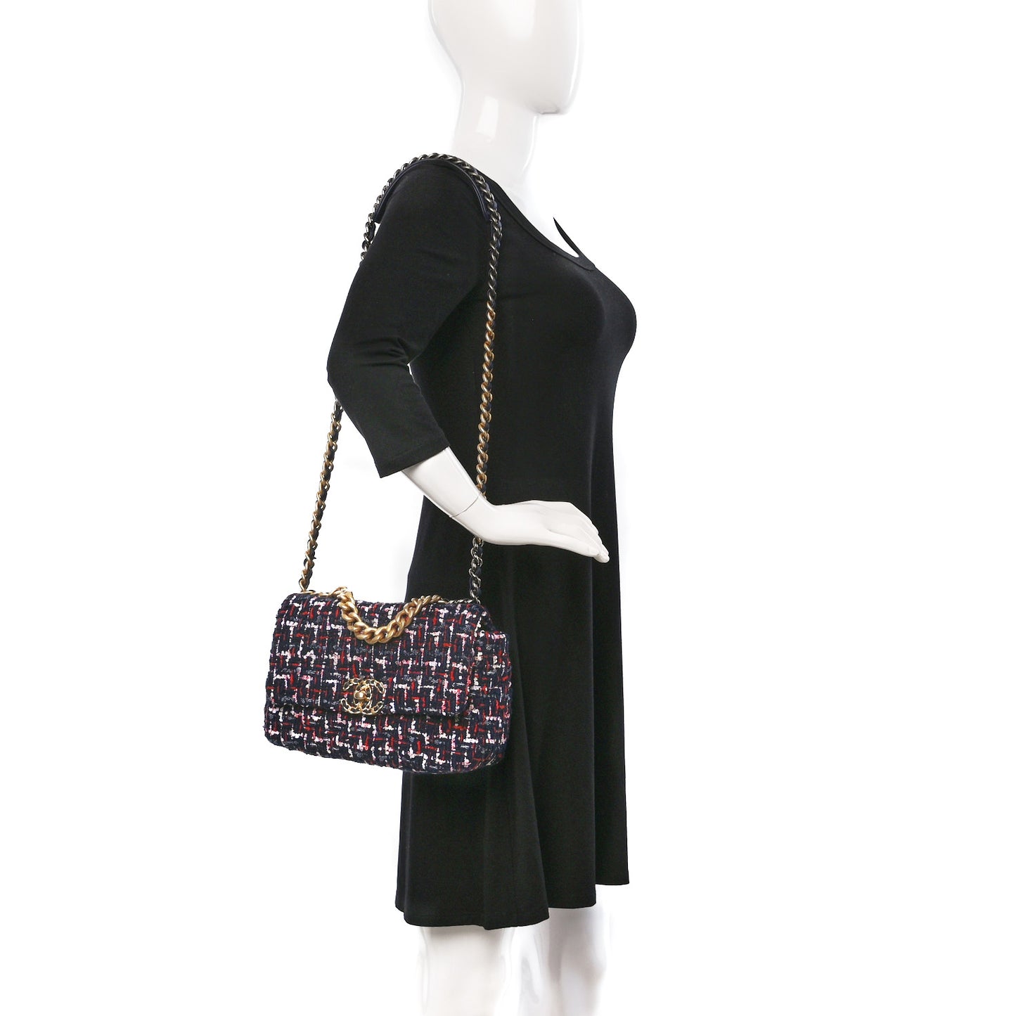 Tweed Quilted Medium Chanel 19 Flap Navy Blue White Red