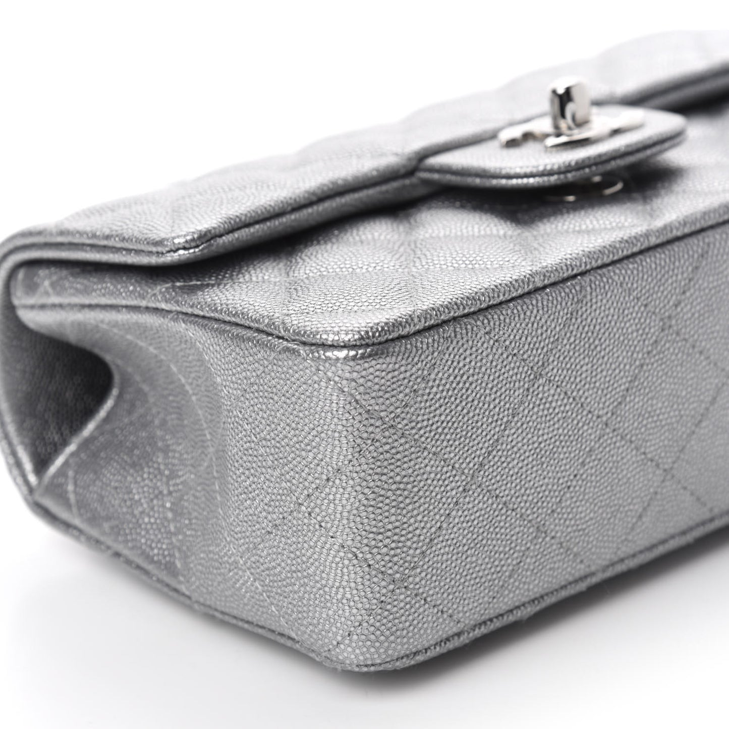 Metallic Caviar Quilted Mini Top Handle Rectangular Flap Silver