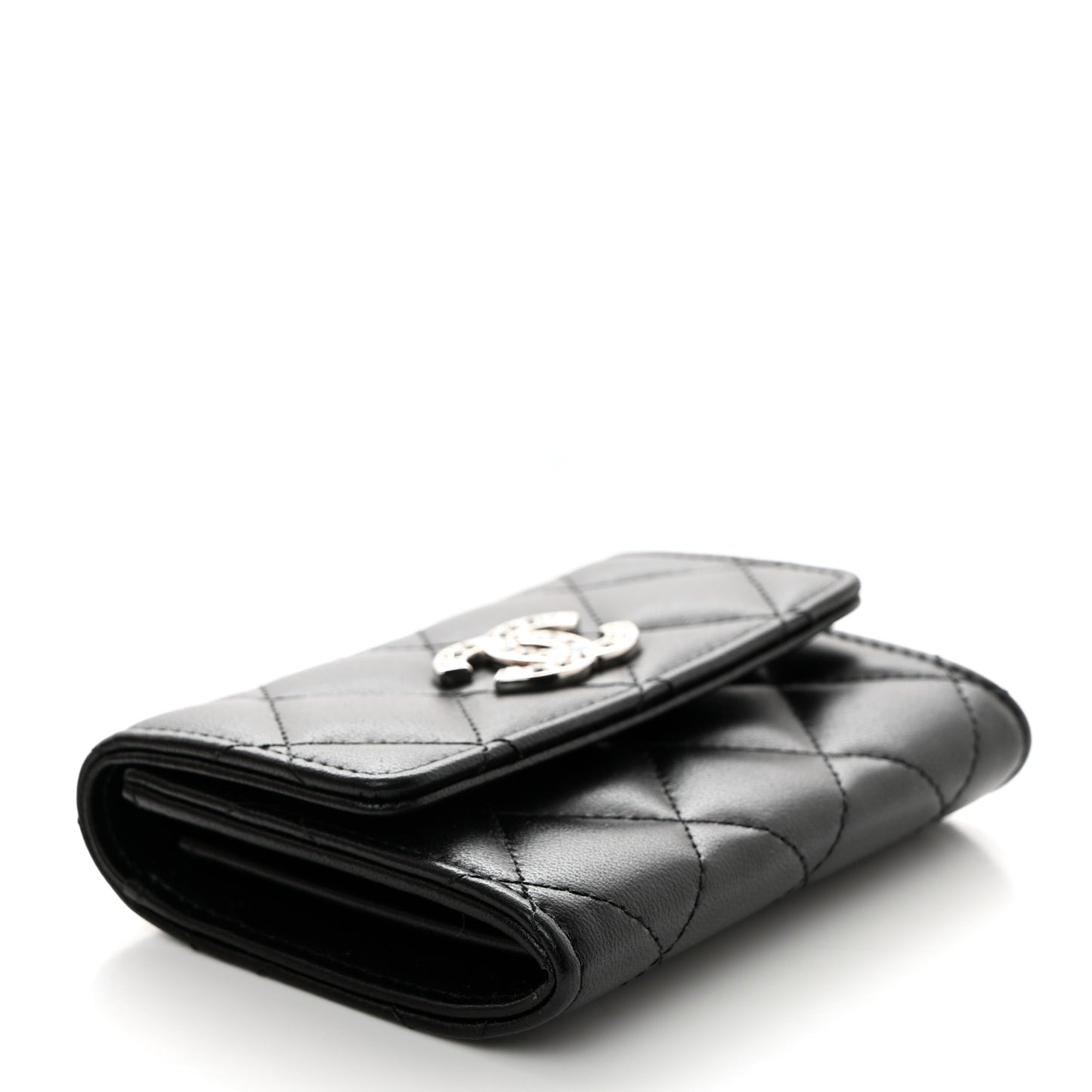 Lambskin Quilted Flap Baguette Crystal Card Holder Wallet Black