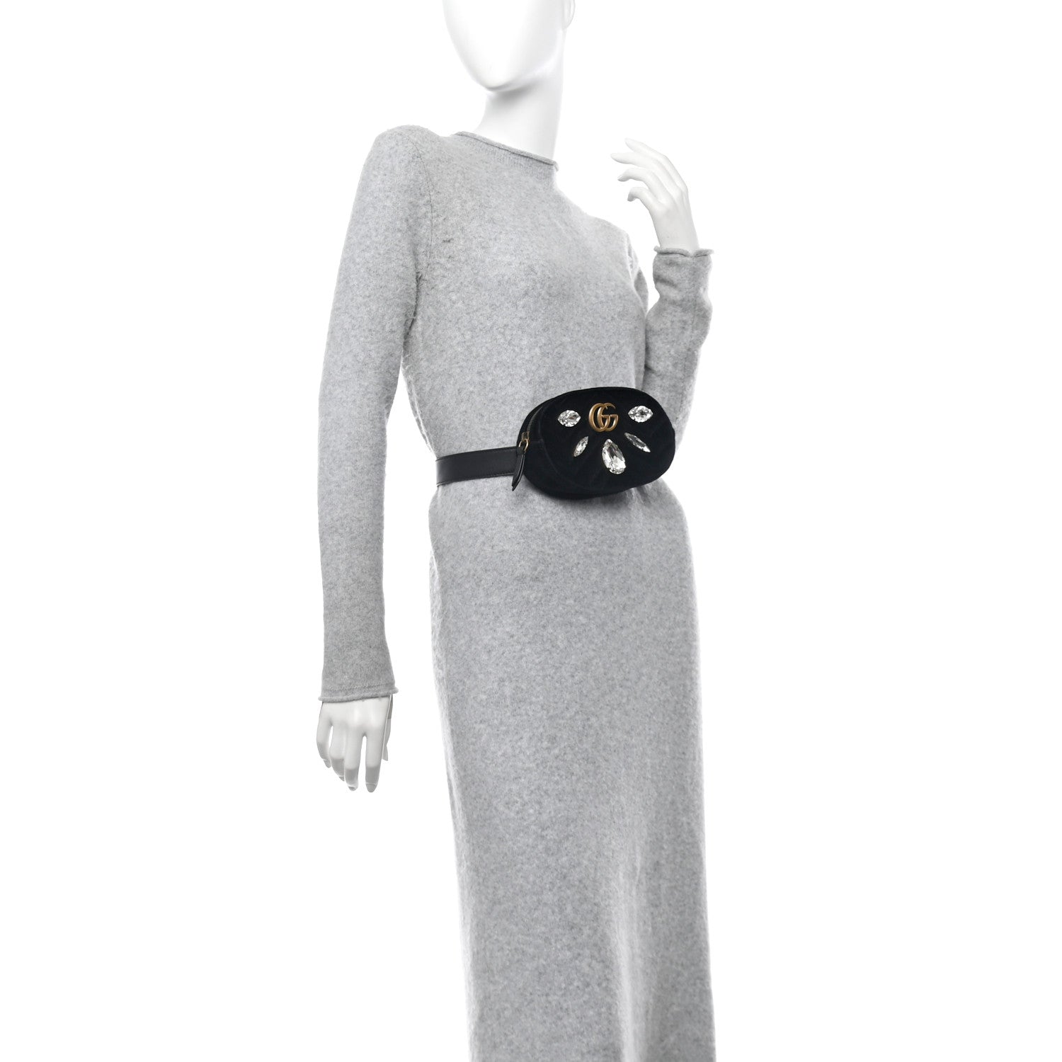 Gucci Velvet Matelasse Marquise Crystals GG Marmont Belt Bag 85 34 Black 2 of 11