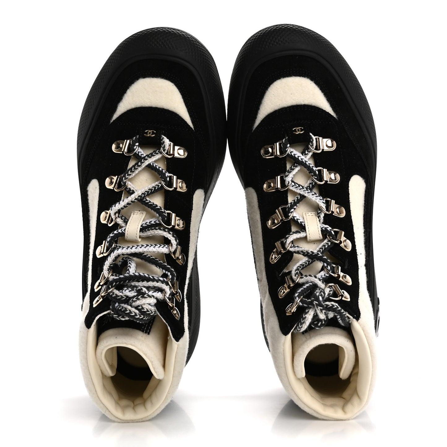 Wool Suede Calfskin Nylon CC Lace Up Ankle Snow Boots 39.5 Ivory Black