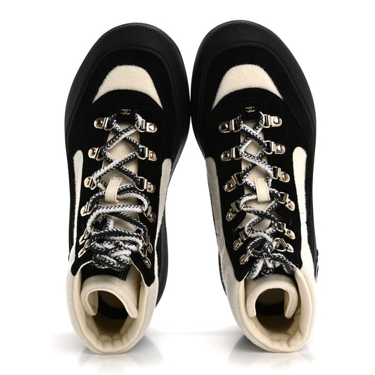 Wool Suede Calfskin Nylon CC Lace Up Ankle Snow Boots 39.5 Ivory Black