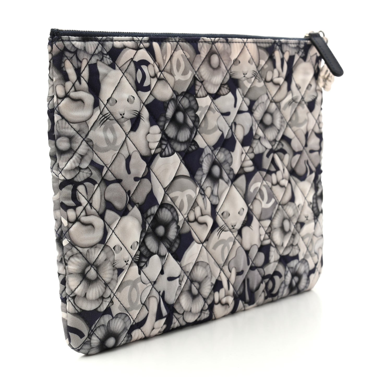 Nylon Quilted Medium Cat Emoticon Cosmetic Case Navy Grey Ecru