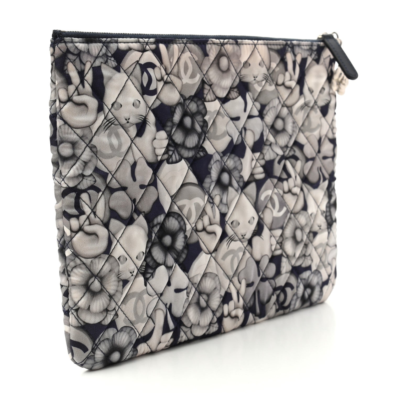 Chanel Nylon Quilted Medium Cat Emoticon Cosmetic Case Navy Grey Ecru 3 of 7