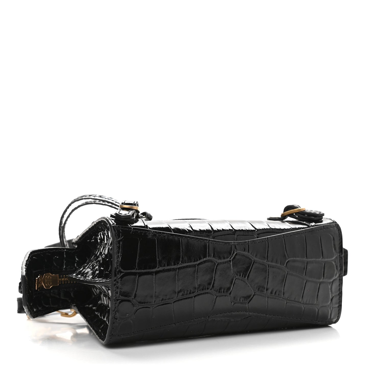 Shiny Supple Calfskin Crocodile Embossed Neo Classic Gold Hardware Nano City Crossbody Black