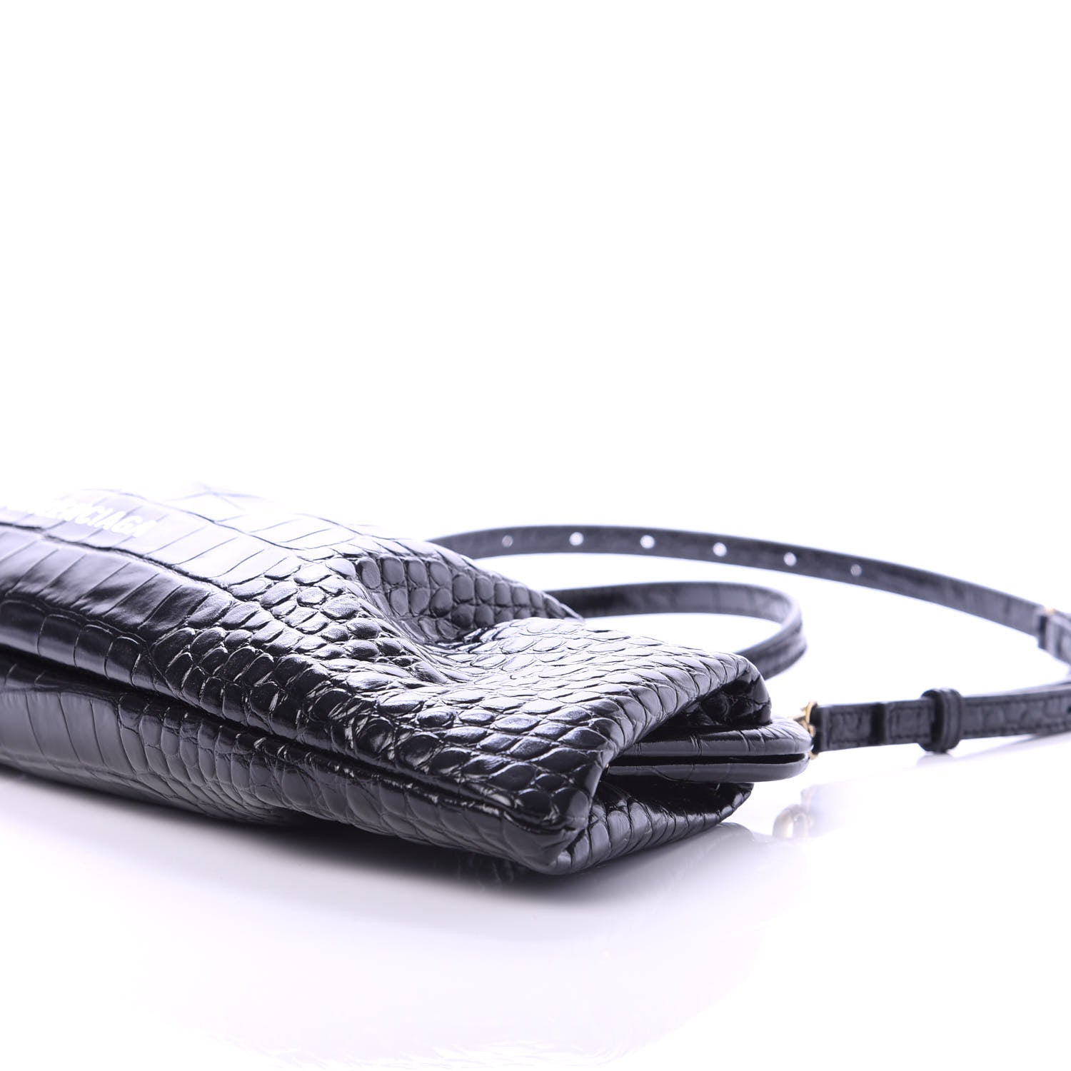 Balenciaga Shiny Supple Calfskin Logo Crocodile Embossed XL Cloud Clutch Black White 7 of 10